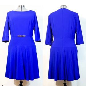 Tahari ASL Sz12 Royal Blue W/ Gold Ornament Waistline Fit & Flare Dress